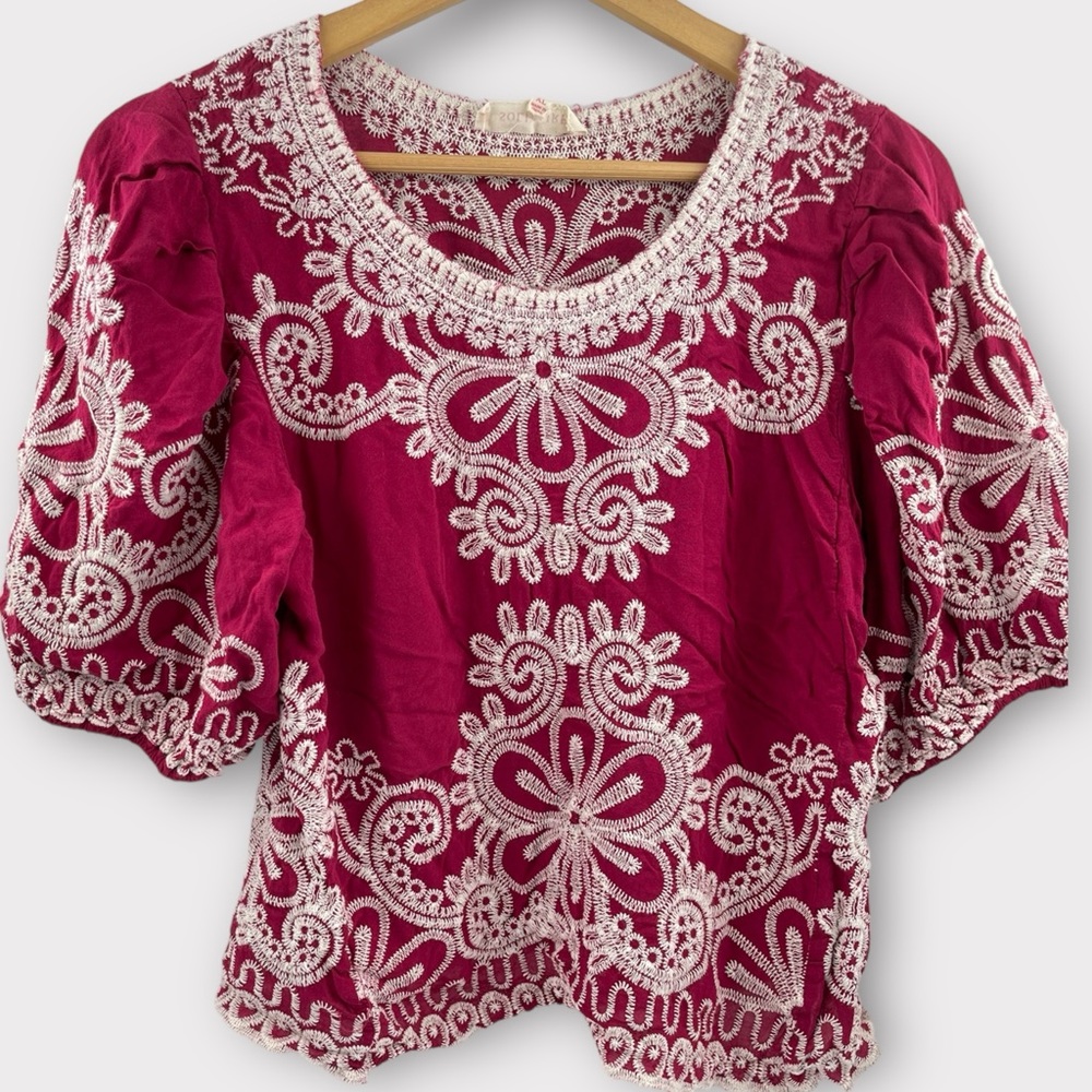 Anthropologie Solitaire Women's XL Red White PEASANT Blouse Boho Embroidered